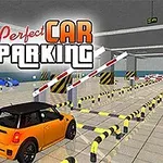 Hình ảnh một chiếc xe ô tô màu cam đang đỗ trong bãi đậu xe với rào chắn và biển hiệu Perfect Car Parking