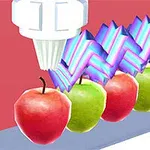 Một cỗ máy màu trắng đang phủ lớp kem hoặc chất liệu lên những quả táo nhiều màu sắc trên nền hồng