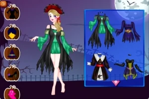 Nhân vật hoạt hình mặc trang phục Halloween với nền trời đêm trăng sáng và hàng rào ma quái