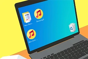 Máy tính xách tay có màn hình hiển thị các biểu tượng tập tin văn bản, âm nhạc và thùng rác trên nền màu xanh