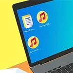 Máy tính xách tay có màn hình hiển thị các biểu tượng tập tin văn bản, âm nhạc và thùng rác trên nền màu xanh