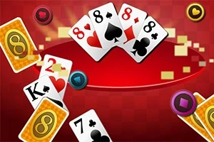 Các lá bài với các số và chất khác nhau trên nền đỏ, cùng với những đồng xu vàng và biểu tượng trò chơi