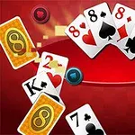Các lá bài với các số và chất khác nhau trên nền đỏ, cùng với những đồng xu vàng và biểu tượng trò chơi