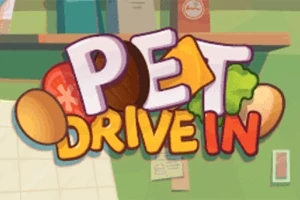 Hình ảnh có chữ Pet Drive In với các biểu tượng thực phẩm như bánh mì, rau và thịt trong nền màu xanh và nâu