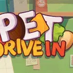 Hình ảnh có chữ Pet Drive In với các biểu tượng thực phẩm như bánh mì, rau và thịt trong nền màu xanh và nâu