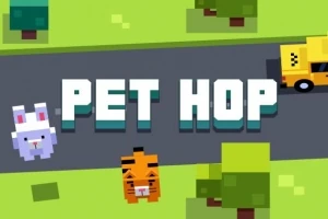 Hình ảnh hiển thị một con thỏ và một con hổ phong cách pixel đứng bên cạnh đường, với chữ PET HOP ở giữa và các cây xung quanh
