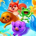 Năm con vật hoạt hình đáng yêu bao gồm một con sóc, ếch, thỏ, voi, và lợn đang nhảy múa vui vẻ trên nền trời xanh