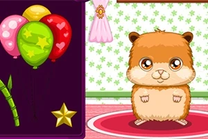 Hình ảnh một chú hamster dễ thương đứng trên tấm thảm đỏ trong phòng với giấy dán tường hoa văn xanh nhạt, bên cạnh là chùm bong bóng màu sắc rực rỡ