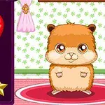 Hình ảnh một chú hamster dễ thương đứng trên tấm thảm đỏ trong phòng với giấy dán tường hoa văn xanh nhạt, bên cạnh là chùm bong bóng màu sắc rực rỡ