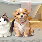 Một chú mèo lông trắng-xám và một chú chó con đeo vòng cổ đỏ cùng ngồi trước bồn tắm trong phòng tắm