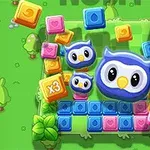 Hình ảnh có các khối màu sắc và hình cú dễ thương trên nền xanh lá với cây cối xung quanh
