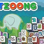 Chữ PETZOONG đầy màu sắc nằm phía trên với hình ảnh con voi ở trung tâm và các khối hình có biểu tượng động vật quanh nó