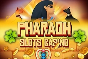 Hình ảnh có chữ Pharaoh Slots Casino với hình người đội mũ đầu chim, hai con mèo Ai Cập và các đồng xu vàng cùng cỏ bốn lá xung quanh