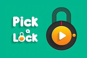 Hình ảnh có nền màu xanh lục với hình ổ khóa tròn bên phải và dòng chữ Pick a Lock ở bên trái, trong đó có biểu tượng ổ khóa nhỏ màu cam và trắng trong chữ o