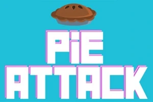 Bánh nướng bay phía trên dòng chữ PIE ATTACK màu trắng trên nền xanh
