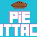Bánh nướng bay phía trên dòng chữ PIE ATTACK màu trắng trên nền xanh