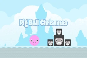 Hình ảnh có một quả bóng màu hồng với gương mặt vui vẻ và chữ Pig Ball Christmas trên nền trời xanh và tòa lâu đài xa xa