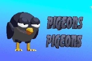 Một chú chim hoạt hình với dáng vẻ lém lỉnh đứng cạnh chữ Pigeons trên nền xanh