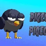 Một chú chim hoạt hình với dáng vẻ lém lỉnh đứng cạnh chữ Pigeons trên nền xanh