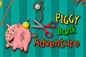 Con lợn đất màu hồng với biểu tượng đô la, một đồng xu vàng, kéo, và dòng chữ Piggy Bank Adventure trên nền xanh sọc