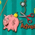 Con lợn đất màu hồng với biểu tượng đô la, một đồng xu vàng, kéo, và dòng chữ Piggy Bank Adventure trên nền xanh sọc