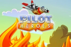 Máy bay hoạt hình bay trên bầu trời, trên nền lửa và dòng chữ Pilot Heroes