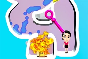 Hình ảnh một nhân vật hoạt hình đứng gần đám cháy với thanh kéo màu hồng trên màn hình có nền xanh