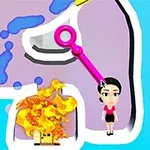 Hình ảnh một nhân vật hoạt hình đứng gần đám cháy với thanh kéo màu hồng trên màn hình có nền xanh