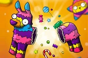 Hình ảnh một con lừa piñata rực rỡ sắc màu bị vỡ làm đôi, với kẹo và ngôi sao bay ra xung quanh trên nền màu cam