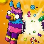 Hình ảnh một con lừa piñata rực rỡ sắc màu bị vỡ làm đôi, với kẹo và ngôi sao bay ra xung quanh trên nền màu cam