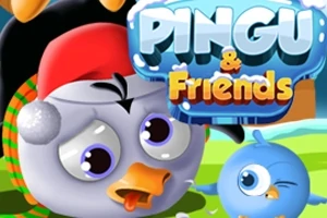Hình ảnh của một chú chim cánh cụt đội mũ đỏ cùng một chú chim xanh dưới logo Pingu & Friends với nền cảnh thiên nhiên