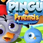 Hình ảnh của một chú chim cánh cụt đội mũ đỏ cùng một chú chim xanh dưới logo Pingu & Friends với nền cảnh thiên nhiên