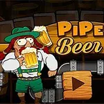 Hình ảnh một người mặc trang phục truyền thống, cầm cốc bia, bên cạnh là tiêu đề Pipe Beer với thiết kế ấn tượng, phía sau là các ống dẫn và nút bấm hình tam giác