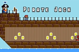 Một chiếc tàu cướp biển với tên Pirate Jack được hiển thị bằng đồ họa pixel, có một nhân vật nhỏ và nhiều đồng xu vàng trên boong tàu