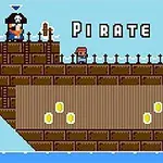 Một chiếc tàu cướp biển với tên Pirate Jack được hiển thị bằng đồ họa pixel, có một nhân vật nhỏ và nhiều đồng xu vàng trên boong tàu