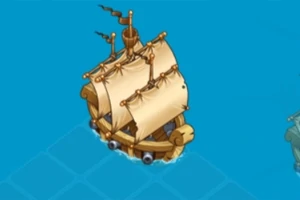 Con tàu gỗ với buồm trắng đang trôi nổi trên mặt nước xanh