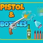Hình ảnh có súng lục bắn vào các chai, hộp đạn, và dòng chữ Pistol & Bottles trên nền xanh
