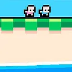 Hai nhân vật dạng pixel đứng trên nền xanh lá và viền đen, phía dưới là vùng màu xanh dương, nền trời xanh