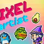 Chữ PIXEL artist với nền màu sắc cùng các hình ảnh pixel gồm chân dung chú chó, quả bơ, hiệp sĩ, chim cánh cụt, vịt và pháp sư