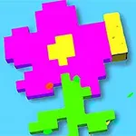 Hình ảnh một bông hoa pixel với cánh màu hồng và thân màu xanh lá trên nền xanh dương