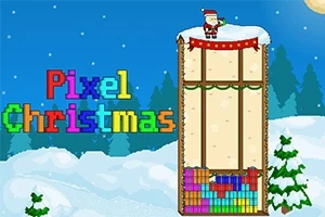 Cảnh mùa đông với ông già Noel và chữ Pixel Christmas đầy màu sắc bên cạnh cây thông và khung cảnh tuyết phủ