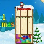 Cảnh mùa đông với ông già Noel và chữ Pixel Christmas đầy màu sắc bên cạnh cây thông và khung cảnh tuyết phủ