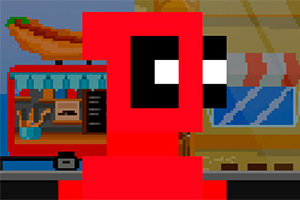 Nhân vật pixel màu đỏ đứng trước xe bán đồ ăn với hình ảnh xúc xích trên nóc, cạnh bên là một cửa sổ có sọc đỏ trắng trong khung cảnh thành phố