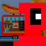 Nhân vật pixel màu đỏ đứng trước xe bán đồ ăn với hình ảnh xúc xích trên nóc, cạnh bên là một cửa sổ có sọc đỏ trắng trong khung cảnh thành phố