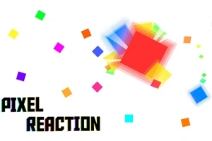 Hình ảnh gồm nhiều khối vuông màu sắc khác nhau phân tán trên nền trắng, kèm theo dòng chữ PIXEL REACTION ở góc dưới bên trái