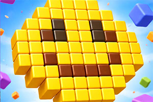 Khối gạch vàng xếp hình mặt cười pixel trên nền xanh với các khối màu bay xung quanh