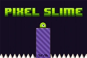 Chữ PIXEL SLIME xuất hiện trên nền tối với một sinh vật màu xanh lá đứng trên một cột màu tím, xung quanh có gai nhọn trắng