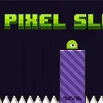 Chữ PIXEL SLIME xuất hiện trên nền tối với một sinh vật màu xanh lá đứng trên một cột màu tím, xung quanh có gai nhọn trắng