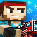 Nhân vật pixel cầm một khẩu súng lớn trong bối cảnh tuyết rơi cùng nền màu xanh