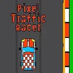 Hình ảnh xe đua pixel nhiều màu đang di chuyển trên một con đường với dải màu cam và trắng, có dòng chữ “Pixel Traffic Racer” phía trên